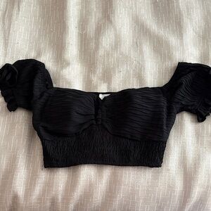 privy Black Puff-Sleeve Ruched Crop Top